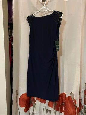Lauren Ralph Lauren Navy Lace-Shoulder Midi Sheath Dress